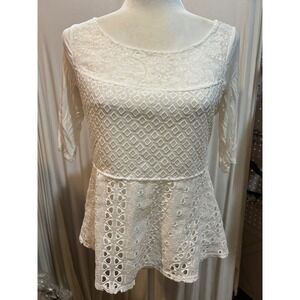Ivory Lace Peplum Top Crochet Knit‎ Shirt Blouse 3/4 Sleeve Elegant